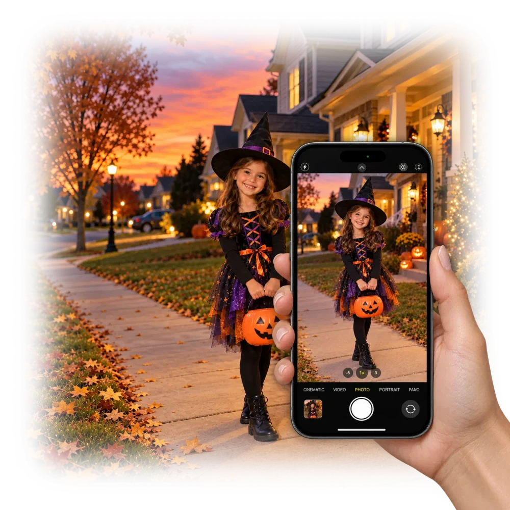 A phone taking a Live Pic of a girl in a Halloween witch costume